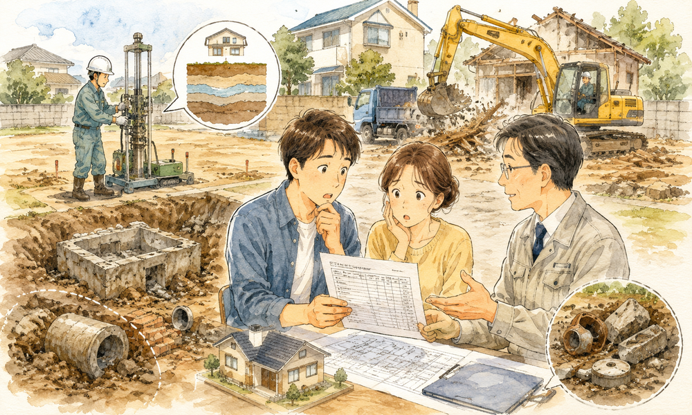 地盤・解体による影住宅建築で予算オーバーになる原因の一つが地盤改良工事や解体工事による追加費用です。地盤調査の結果による改良工事、地中埋設物、アスベスト、解体時のトラブルなど、契約後に発生しやすい費用の実例と対策を一級建築士が分かりやすく解説します。
