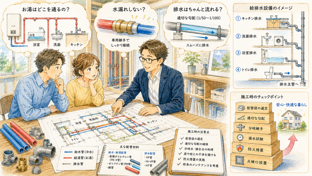 内装下地の施工時には、給水・給湯配管および排水配管の設置工事が必要です。この記事では、給排水設備配管に使用する材料、配管径、勾配、分岐点や接合点の処理方法、施工時の注意点について詳しく説明します。