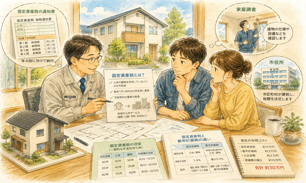 固定資産税とは何かをわかりやすく解説します。住宅を購入・新築した際にかかる固定資産税の仕組み、課税対象、都市計画税との違い、年間の税額目安など、家づくりで知っておきたい基礎知識を紹介します。
