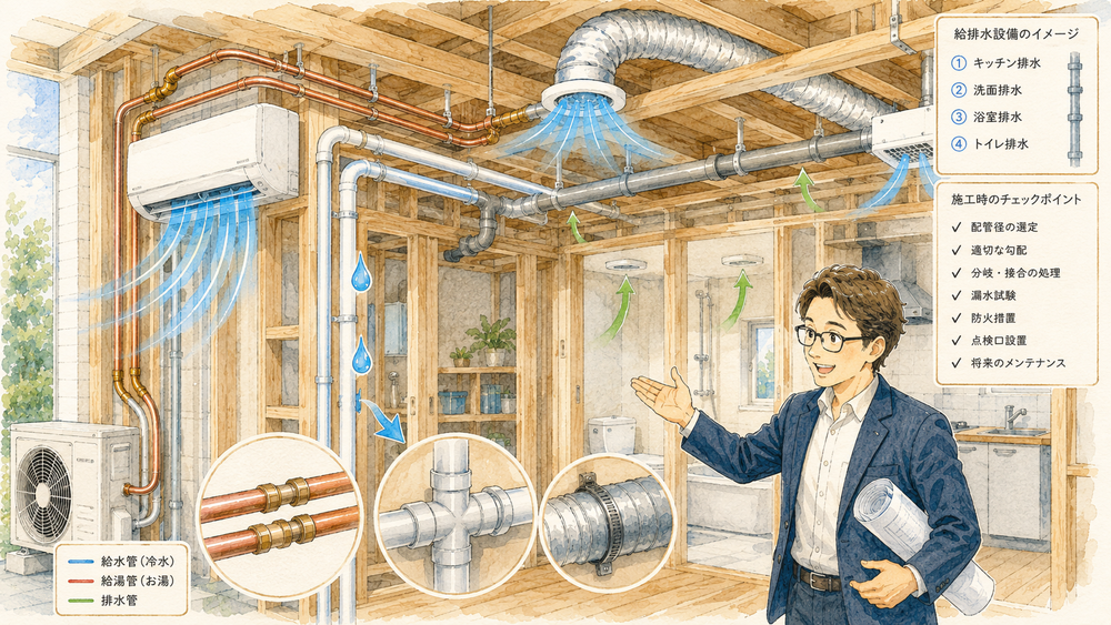 　内装下地の施工時には、空調設備配管の設置工事が重要です。この記事では、空調配管に使用する材料、配管の分岐点や接合点の処理方法、換気ダクト配管の施工、そして施工時の注意点について詳しく説明します。