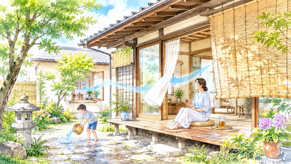 夏の和風庭園と風通しの家