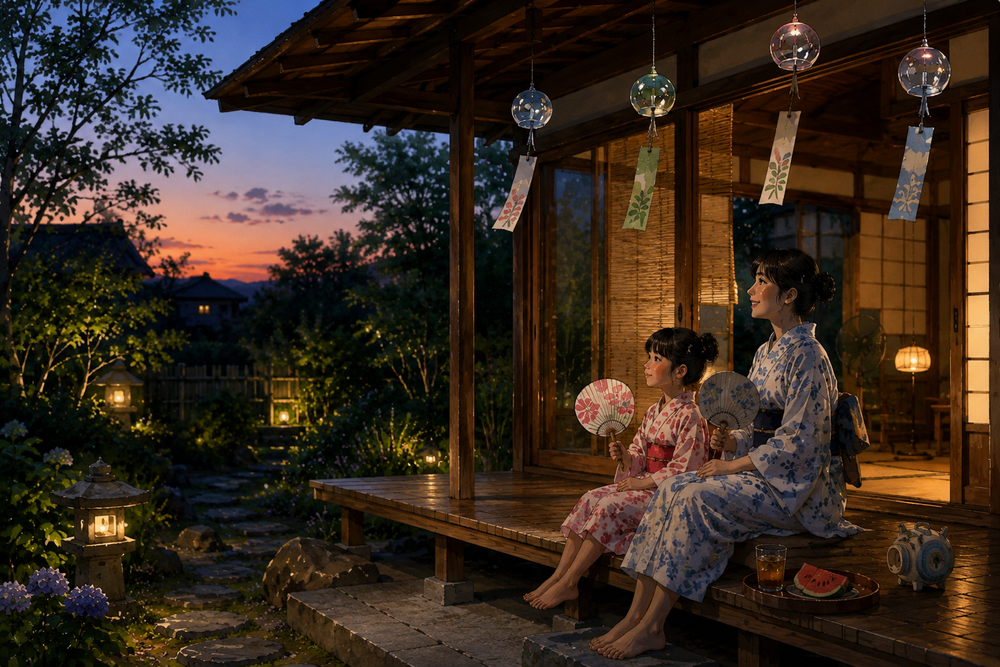 ■ 夏

縁側で夕涼みをする

風鈴の音を聞きながら過ごす