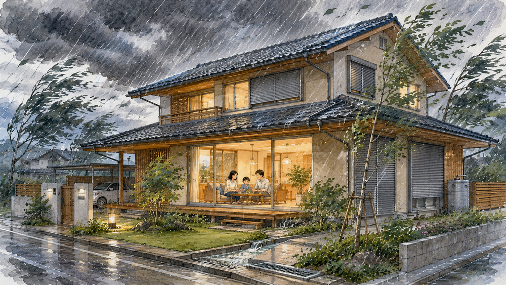 台風や豪雨から住まいと家族を守るための備えを建築士がわかりやすく解説。屋根や外壁の点検、防水対策、窓の強化、排水計画、ハザードマップの活用、非常用品の備蓄など、災害に強い住宅づくりのポイントを詳しく紹介します。