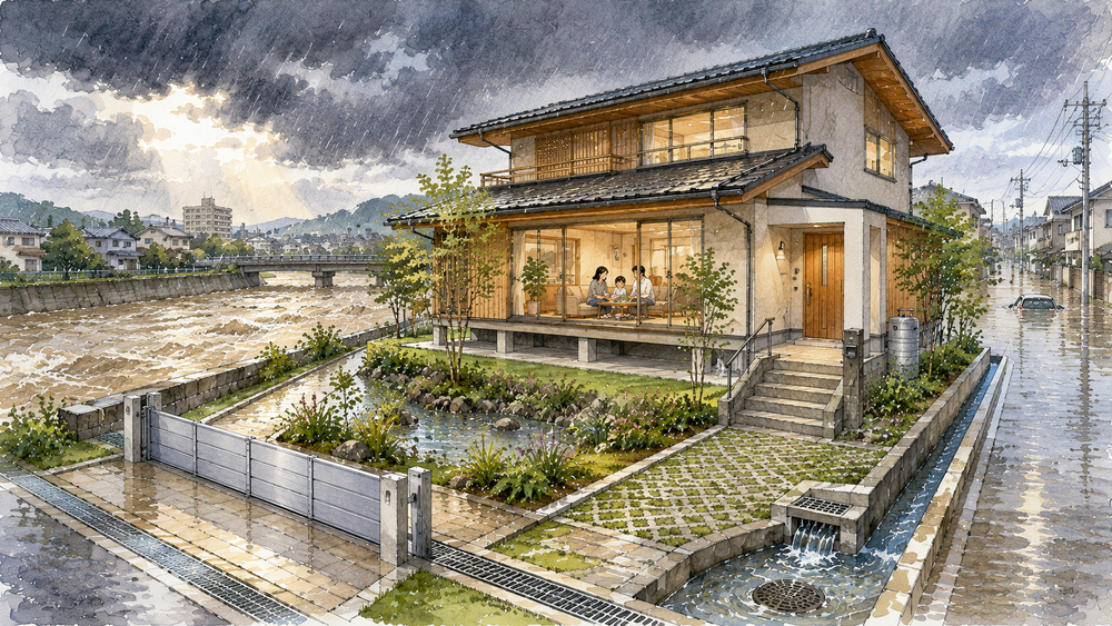 浸水・洪水から住まいと家族を守るための対策を建築士がわかりやすく解説。ハザードマップの確認、敷地計画、排水設備、止水対策、設備機器の配置、防災対策など、水害に強い住宅づくりのポイントを詳しく紹介します。