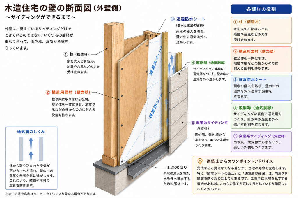 木造住宅サイディング貼の壁断面