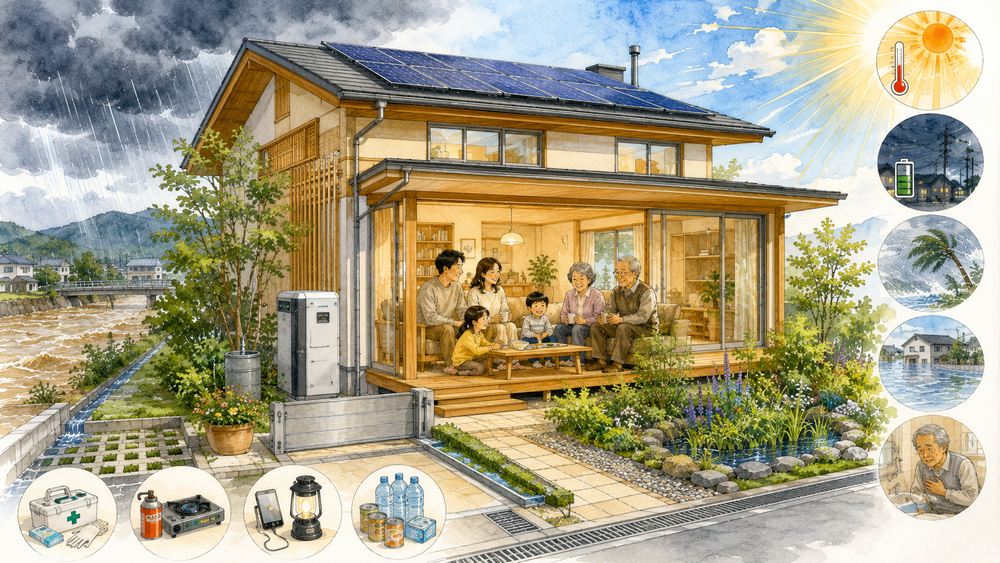 災害時にも安心して暮らせる住まいづくりを建築士がわかりやすく解説。耐震性能、高断熱・高気密、太陽光発電・蓄電池、水害対策、備蓄スペース、防災計画など、家族の命と暮らしを守るレジリエンス住宅のポイントを紹介します。