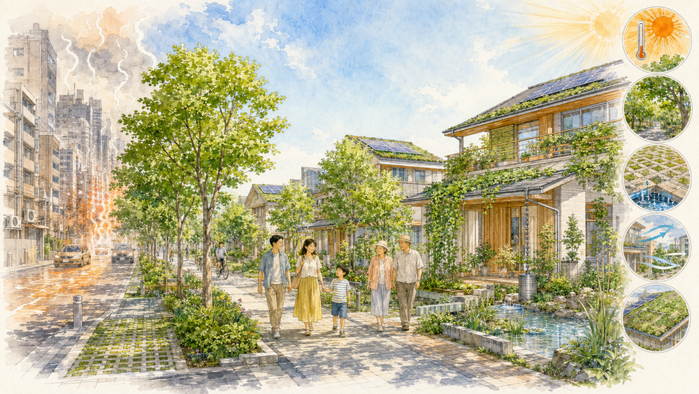 ヒートアイランド現象はなぜ起こり、私たちの住まいや健康にどのような影響を与えるのでしょうか。アスファルトや建物への蓄熱、緑地の減少、エアコンなどの人工排熱といった原因を解説し、街路樹や屋上緑化、保水性舗装、風の道、住宅の断熱・日射遮蔽など、街と住まいで実践できる対策を分かりやすく紹介します。