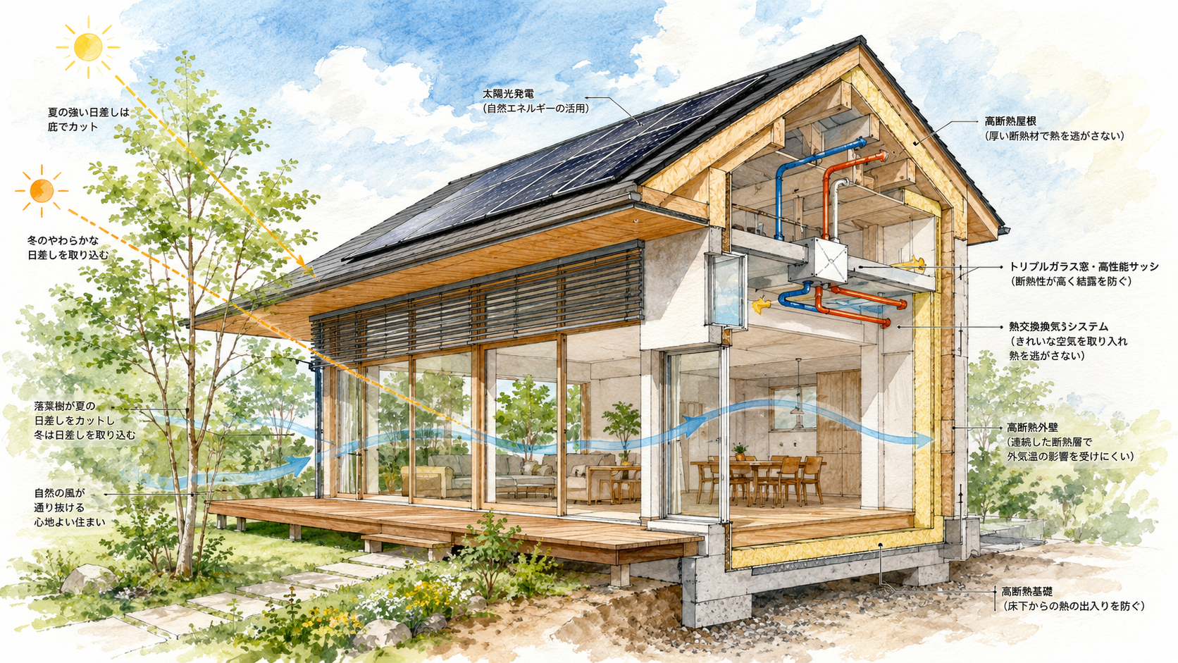 地球温暖化時代の住まいとして注目されるパッシブハウスとは何かを解説。高断熱・高気密、高性能窓、熱交換換気、日射制御などの基本原則と、メリット・注意点、日本の気候に合った取り入れ方を建築士の視点で紹介します。