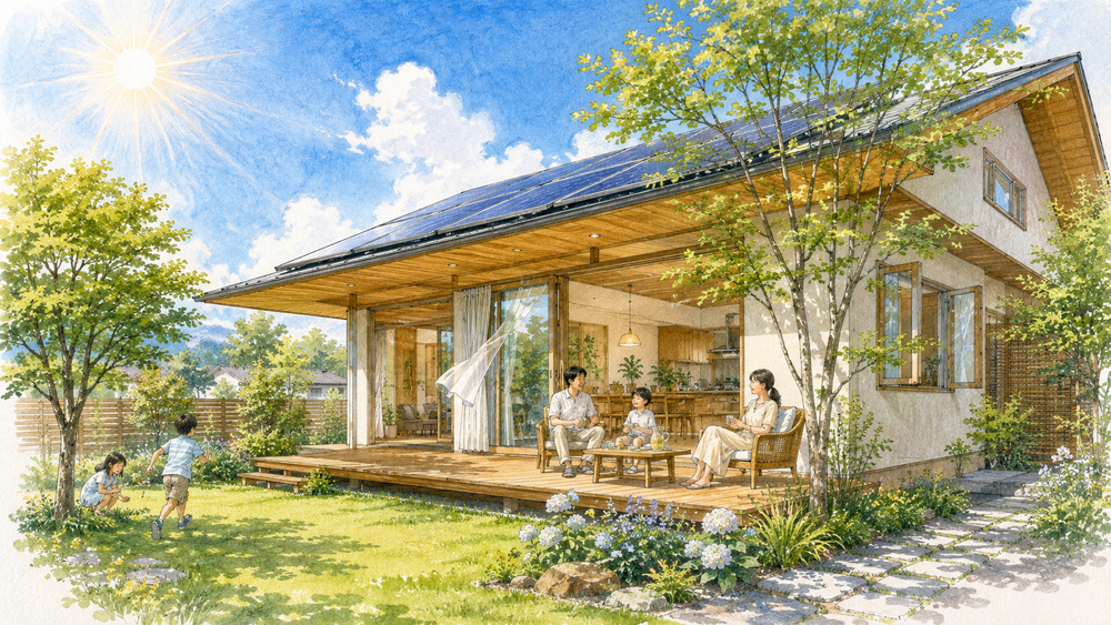 猛暑が続く時代に求められる住宅設計を建築士がわかりやすく解説。深い軒や庇、高断熱・高気密、高性能な窓、自然通風、遮熱対策、植栽、太陽光発電など、暑さに強く快適で省エネな住まいづくりのポイントを紹介します。